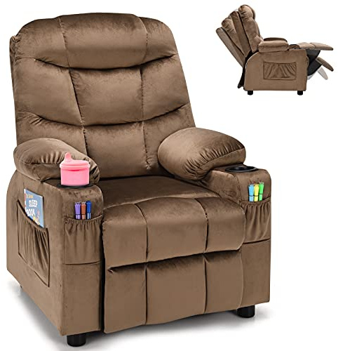 GYMAX Kids Sofa Chair, Velvet Children Recliner Armchair with Adjustable Backrest & Footrest, Padded Headrest & Armrest and Cup Holders, Upholstered Toddler Lounge Chair for Boys Girls (Coffee)