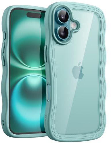 JETech Vågig Skal för iPhone 16 6,1-Tum, Söt Vågram Lockig Form Stötsäker Telefon Case för Kvinnor och Flickor, Klar Hård PC Baksida (Blågrön)
