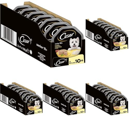 Cesar Hundefutter Nassfutter Senior 10+ mit zartem Huhn und Reis in Gelee, 14 Schalen (14 x 150g) (Packung mit 5)