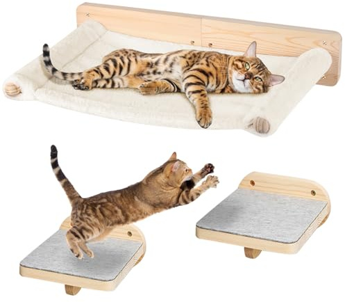 Hamac Chat Etagere Arbre a Chat Mural Mur Escalade et 2 Escalier Parcours Mur d'escalade Lit pour Chaton en Bois Lot de 3 (c)