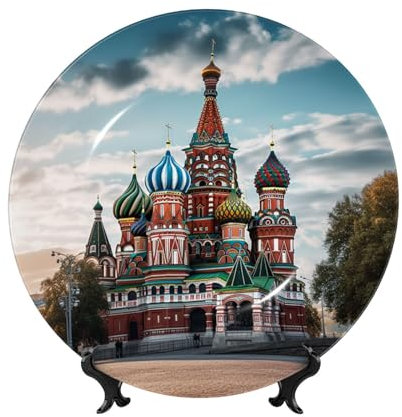Bone China Decorative Plate for Display Ceramic Decorative Plate with Stand St Basil Cathedral Red Square In Moscow Ceramic Dinner Plate Crafts 10in Ceramic Ornaments for Wall Hanging Decoration