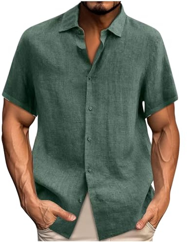 UHouse Leinenhemd Herren Kurzarm Baumwolle Hemd Sommer Leinen Stehkragenhemd Männer Herrenhemden Coole Hemden Modische Fischerhemd Vintage Shirt Loose Fit Hawaii Hemd Grün 4XL