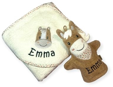Kapuzenhandtuch mit Spiel-Waschhandschuh von Sterntaler, personalisiert, Geschenk-Set (beige/braun) Pferd Sunny