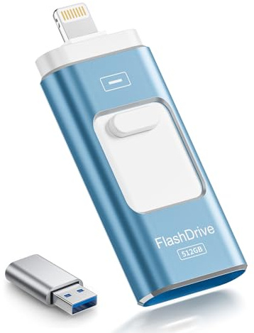 ROSPE Cle USB iPhone, Clé USB C 512 Go MFI Certifié, 3 en 1 Cle pour iPhone/iPad/Type C/Android/PC, Stockage Externe Haute Vitesse Clef Transfert Photos, Vidéos, Films(Bleu Clair)