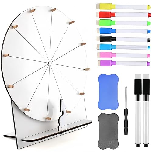 BIZOI Lyckohjul för vridning, 29 cm, 12 slots, egen design, med 2 suddgummi och 10 markeringspenna, för lotteri, spel, ordspel, karneval, vit