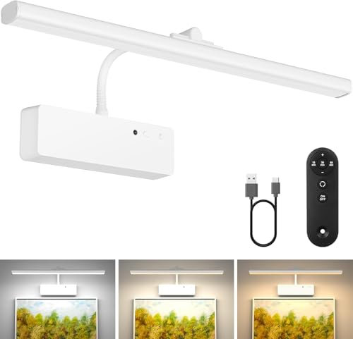 LOGT Bilderleuchte mit Fernbedienung Dimmbar und Timer Wandleuchten Kabellose Wiederaufladbare Batterie Wandlampen Akku LED Innen 360° Verstellbare Bilderlampe 5W für Display Wand Galerie,Weiß
