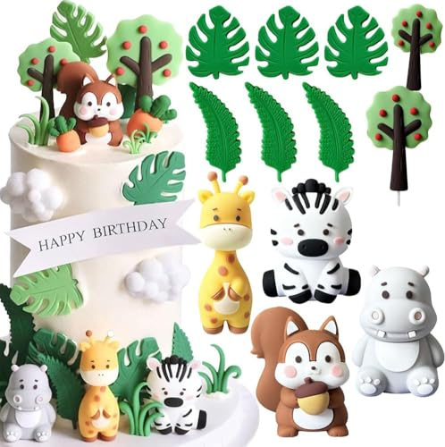 12 PCS Jungle Animal Cake Toppers, Animals Happy Birthday Cake Toppers Cake Decorations, Jungle Animal Birthday Cupcake Toppers for Kids Cake Decoration Birthday Shower Supplies