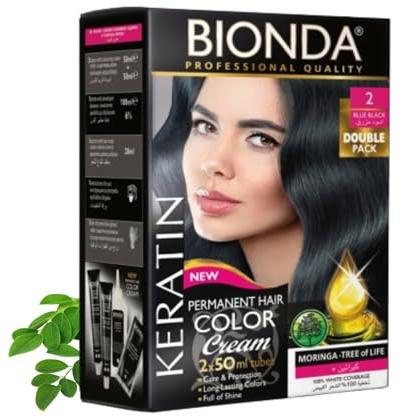 BIONDA Professional Color Cream 2 Tinte permanente para el cabello, azul y negro, 200 ml, paquete doble, queratina y moringa, color intenso y duradero con brillo, cobertura 100% de canas