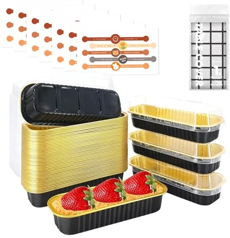 Wrbugukeji Mini Loaf Cake Cases, 30 Pcs Mini Loaf Pans with Lid(Black Gold) | 200 ml Rectangular Aluminum Foil Baking Pans Cake Tins with Lids for Bread Cakes Wedding Birthday Picnic Party