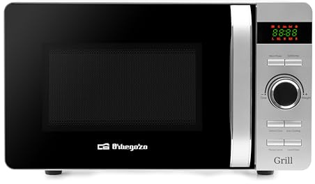 Orbegozo MIG 2052 Microondas Digital con Grill 20 Litros Base Lisa Sin Plato Giratorio Tecnología Flatbed Interior Cerámico Potencia 700W Grill 800W 8 Menús Pantalla LED