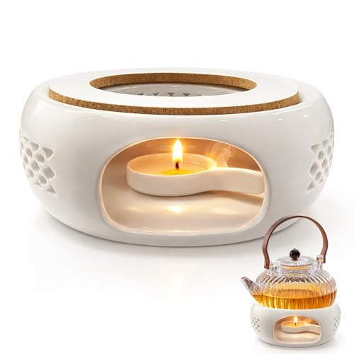 kelav Calentador de Tetera de Porcelana con Soporte para Vela 14.5x14.5x6cm, Diseño Hueco para Mejor Ventilación, Calentador de Té y Café con Base Antideslizante
