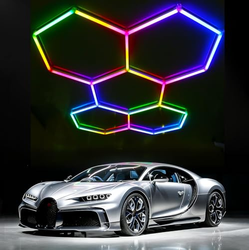 Garagenlampe LED 5-Hex 72W RGB Verformbare LED Werkstatt Deckenleuchte | RGB LEDs Hexagon Beleuchtung, Dimmbar, App und Fernbedienung für Garage, Bar, Gaming, E-Sport-Raum, Fitnessstudio (5 HEX)