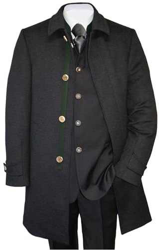 Steinbock Trachten-Lodenmantel Mantel Kurzmantel für Herren Trachtenmantel Walk Loden grau Hirschhornknöpfe Herrenmantel aus Loden anthrazit dunkelgrau modischer Schnitt, Größe:46