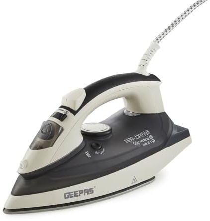 GEEPAS Steam Iron | Clothes Dry & Steam Press | 45s Fast Heat-Up, Vertical Steaming | Ceramic Soleplate & Adjustable Temperature | 320ml Water Tank with 0.7g/Steam Output | 2 Year Warranty 2200W Grey