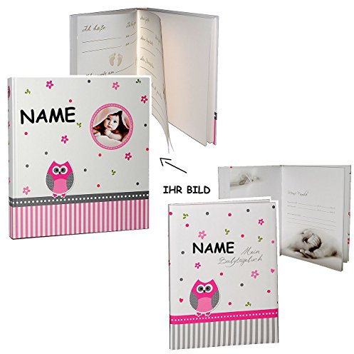 2 TLG. Set: XL Fotoalbum + Babytagebuch - Baby - Eule & Blumen incl. Namen - mit Foto - Gebunden zum Einkleben - blanko - groß für bis zu 312 Bilder - Fot..