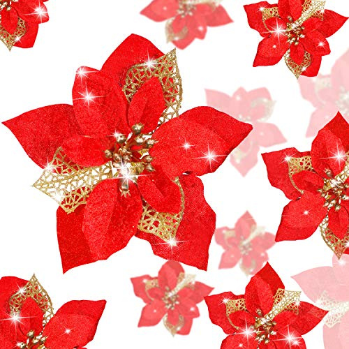 Boao Lot de 24 Fleurs de Poinsettia artificielles à Paillettes pour Mariage, Sapin de Noël, Nouvel an (Rouge)