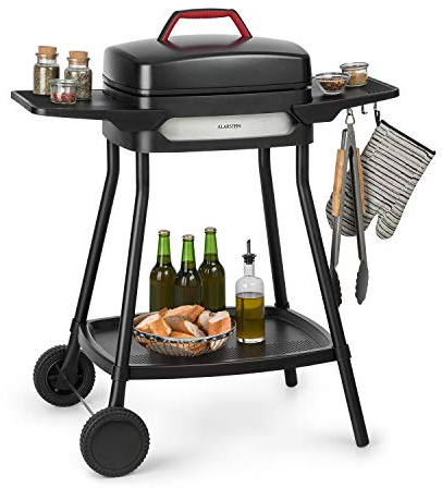 Klarstein Gatsby parrilla eléctrica, parrilla de pie y de mesa, 2000 W, EasyGrill Concept, superficie 40 x 36 cm, aluminio fundido a presión, antiadherente, campana, dos mesas laterales, negro