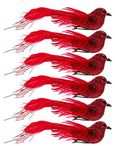 Wakauto Künstliche Vögel Glitzer Pailletten Federschaum Vögel Weihnachten Garten Statue Ornamente für DIY Weihnachtsbaum Ornament Garten Zweige Deko 6 Stück (Rot)