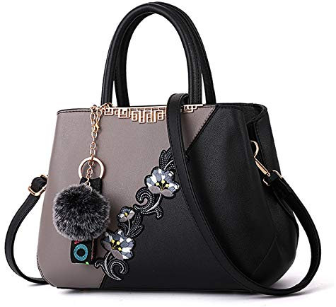 Sipobuy Femmes Sac À Main Top Poignée Élégant Sacs à Bandoulière Classique Sacs À Main Shopper Dames Bandoulière Sac Broderie (Gris)