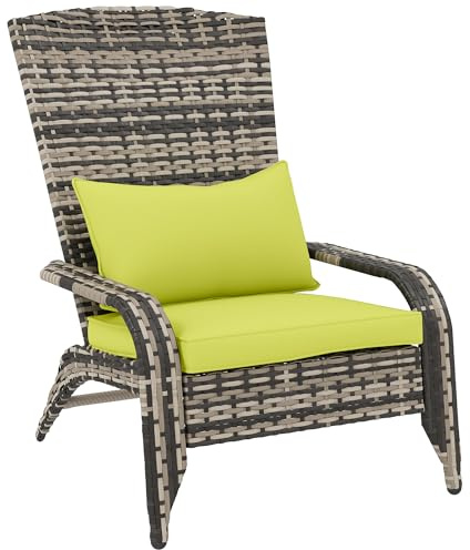 Outsunny Sedia da Giardino Adironrack con Braccioli e Cuscini, Sedia in Rattan e Acciaio per Interni ed Esterni, 64x80x90 cm, Verde