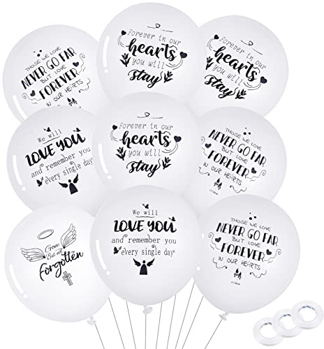 Xinzistar 60 globos funerarios blancos, globos conmemorativos, globos biodegradables, decoraciones funerarias, globos de helio con 4 patrones y 3 rollos de cinta de globos de 32 pies para