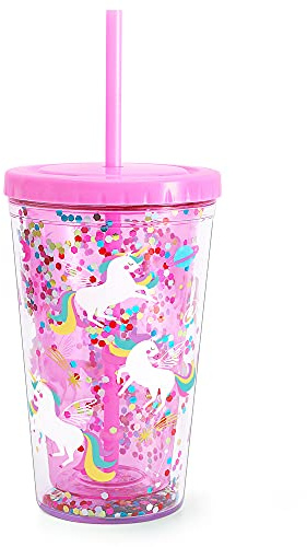 Simpatico bicchiere con coperchio e cannuccia, tazza in acrilico a doppia parete isolante, per ragazze, donne, bambini, 550 ml (unicorno)