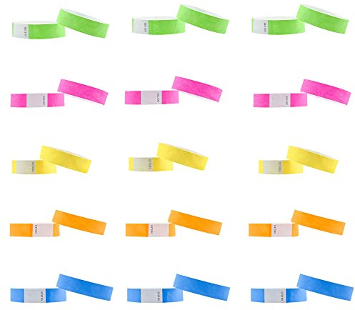 5 x 10 Stück Party Einlassbänder,Bedruckbare Wasserfeste Einlassbänder Papier-Armbänder zur Sicherheit und Kontrollbänder für Party Events Festivals 19 x 255mm,5 Neon Farbe Grün,Blau,Rosa,Orange,Gelb