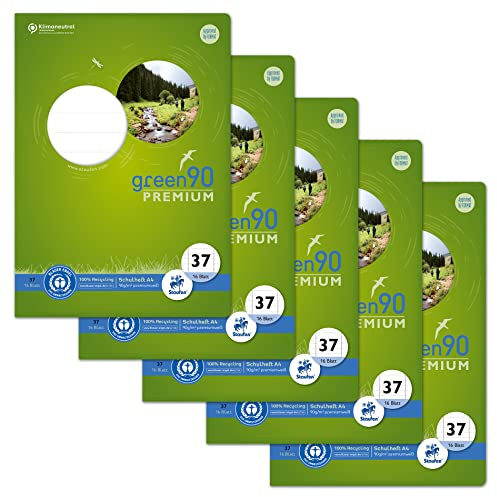 Staufen Green Heft - DIN A4, Lineatur 37 (9mm liniert, Rand perforiert), 16 Blatt, 90g/m² Recyclingpapier, runde Ecken verhindern „Eselsohren“, 4 verschiedene Motive (keine Auswahl möglich), 5 Stück