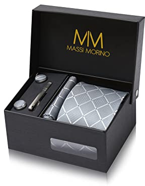 Massi Morino Krawatte mit Einstecktuch Set Herren inkl. Manschettenknöpfe, Krawattennadel und Geschenkbox - Männer Krawattenset zur Hochzeit