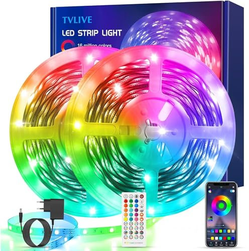 TVLIVE LED Strip 20M, Bluetooth RGB LED Streifen, LED Band mit App Steuerung, 16 Mio. Farben, 28 Lichtmodi, Musikmodus, Timer, LED Lichterkette für Küche, Schlafzimmer, Wohnzimmer, FesteDeko