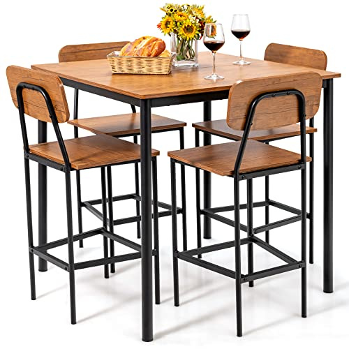 LIFEZEAL Table à Manger avec 4 Chaises en Métal et en Bois | Ensemble Table Cuisine Noyer, Table Carrée 90x90x90 cm et Chaises Charge 150 kg