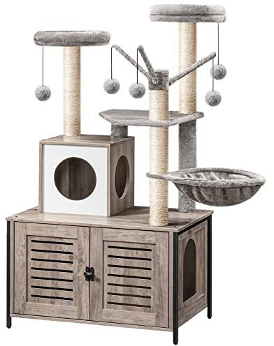 HOOBRO Kratzbaum mit katzenklo Schrank, katzenbaumTurm, All-in-One-Katzenmöbel für drinnen, versteckte Katzentoilettenmöbel, 132 cm, Abnehmbare Plüschball-Stangen, Greige EBG14MZ03