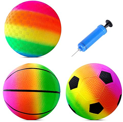 KERANEET 3 Stück PVC Regenbogen Ball Bouncy Kickbal Kinder Bouncy Ball Kinder Regenbogenball Wasserball Strandball Softball für Backyard Park und Beach Outdoor Fun