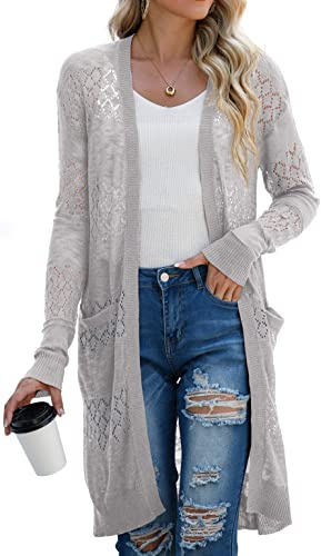 GRECERELLE Strickjacke Damen Sommer Lang Cardigan Langärmelig Lochmuster Strandjacke Leicht Dünne Vorne Offen Cover Up (Grau, M)