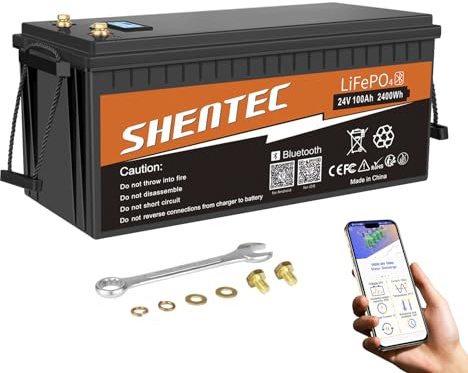 Shentec 24V 100Ah Lithium LifePO4 Batterie mit 100A BMS, Max. 2560Wh Energie, Ideal Ersatz für Blei-Säure, AGM-Batterie, perfekt für Wohnmobil, Camper, Energiespeicher, Van, Off-Grid usw