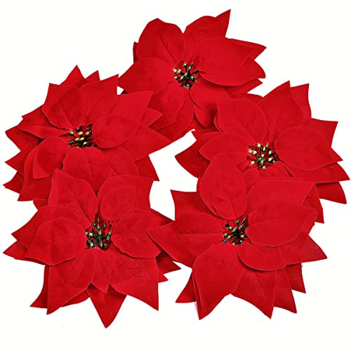 Roqueen 15 Pezzi 22CM Fiori di Natale Fiori Artificiali di Poinsettia Ornamenti dell'albero di Natale con Clip Stelo per Ghirlanda Festa Matrimonio Capodanno Decorazioni (Rosso)