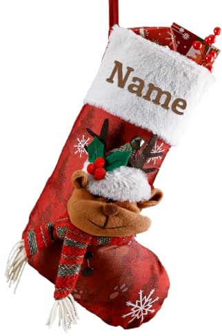 iDIY Personalisierte Nikolausstrumpf mit Namen Kinder - Individueller Name, Baumwolle & Leinen, Weihnachtsstrumpf Personalisiert - 3D Rentier