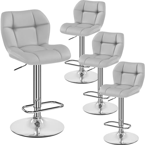Yaheetech Barhocker 4X Höhenverstellbar Barstühle mit PU-Bezug Hellgrau | 360°Drehbar Küchenstühle, mit Rückenlehne und Fußstütze, Sitzhöhe 62,5 cm - 84,5 cm, für die Küche