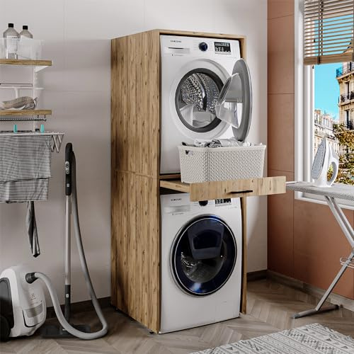 ROOMART Armoire pour lave-linge et sèche-linge avec plateau coulissant en chêne, meuble de rangement pour salle de bain (Chêne, sans armoire rabattable)