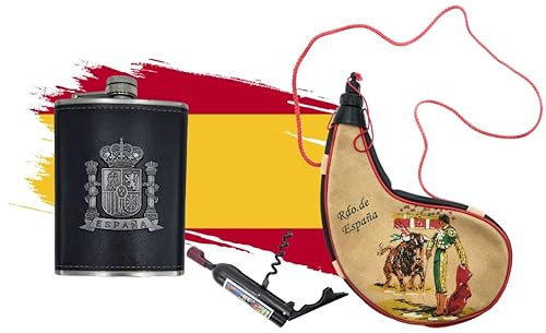 Bota de Vino de 1,5 litros, petaca de Acero Inoxidable e imán con abridor y sacacorchos (2 en 1) (Bota de Vino 1,5, abridor Madrid y petaca España Color Negro)