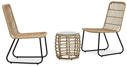 Rantry 3-TLG. Bistroset Gartenmöbel Set Stühle und Tisch Sitzgruppe Gartengarnitur Möbel Balkonset Essgruppe Garnitur für Garten Hof Terrasse Poly Rattan Eiche