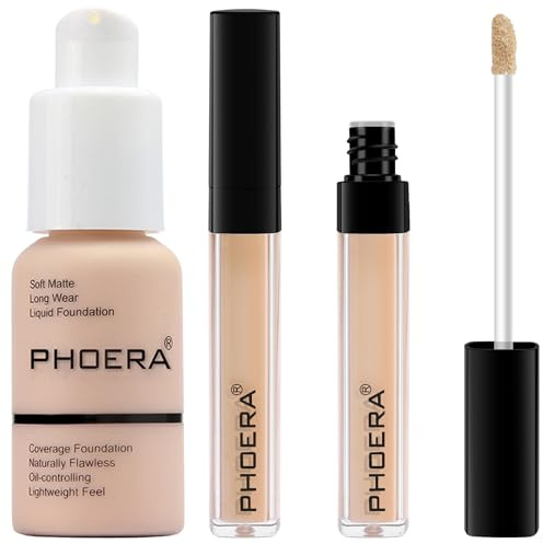 PHOERA Foundation, PHOERA Liquid Concealer, natürliche Abdeckung, leichte Concealer, PHOERA Foundation Make-up für Frauen (101 Porcelain+101#LIGHT)