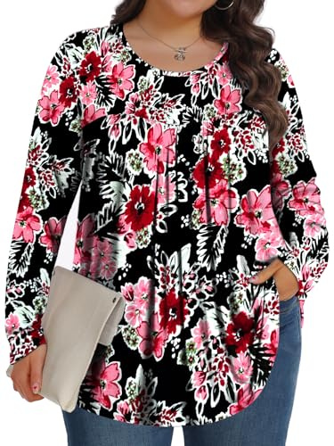 Plus Size Tops for Women Fall Long Sleeve Shirts Crew Neck Casual Loose Tunic Blouse 1X-5X, Black White Begonia, XXL