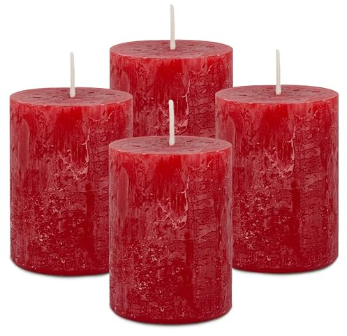 MiCasa SuCasa Adventskerzen Set Rubinrot - 4 Kerzen (8x6cm) - 100h Brenndauer - Selbstverlöschend - Plastikfreie Verpackung - Gleichmäßiges und Zuverlässiges Abbrennen - Made in Germany