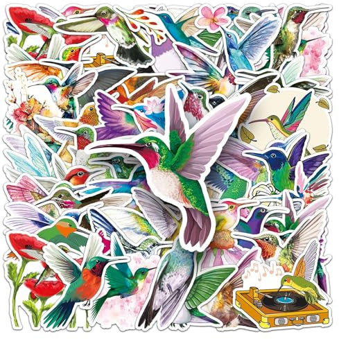 Lot de 50 autocollants colibri en vinyle - Motif oiseau mignon - Pour ordinateur portable, skateboard, valise, téléphone, moto, ordinateur, voiture, scrapbooking, bagages, étanche, dessin animé