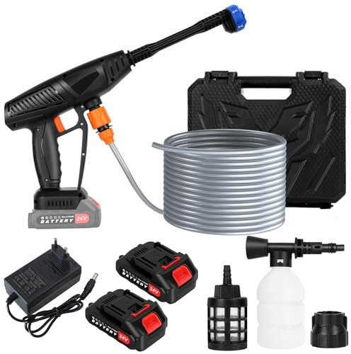 Nettoyeur Haute Pression sans Fil, Pistolet Portable Électrique 21V avec 2 Batteries, Buse 6 en 1, Tuyau 5m, Pistolet de Lavage Haute Pression pour Voiture Maison Jardin Cour