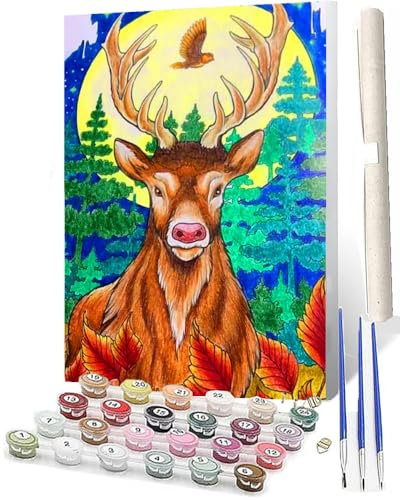 WMZPOY Malen Nach Zahlen Erwachsene DIY Handgemalt Ölgemälde Kit für Anfänger und Erwachsene Tierfarbe Hirsch-7 Mit 3-Pinseln und AcrylfarbeOhne Rahmen 40X50CM