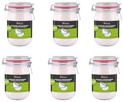 mituso Bio Kokosöl desodoriert 6 Liter | Geschmacksneutral - Ideal zum Braten, Backen, Frittieren | vegan, ohne Zusätze - Vielseitig für Haut & Haar | im Drahtbügelglas