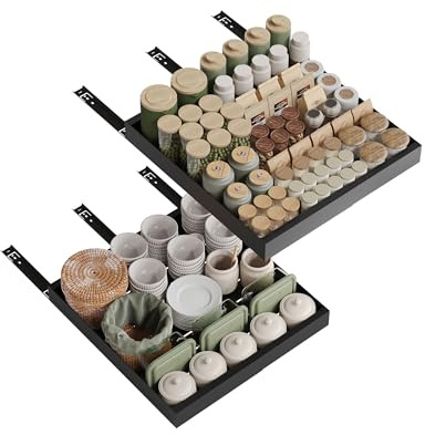 NETEL Lot de 2 tiroir coulissant cuisine extensible，plateau coulissant placard，tiroirs télescopiques，32-52cm Largeur, 50cm Profondeur,Fixation Autocollante ou par Vis,Noir