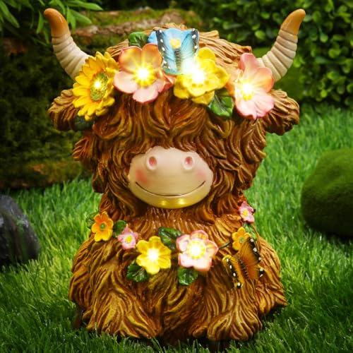 Colingmill Highland Cow Resin Figurine Highland Cow Statue Christmas Outdoor Decor with Flower for Patio, Yard, Gift for Mom, Calf Gnome Herd Lovers (Classic)